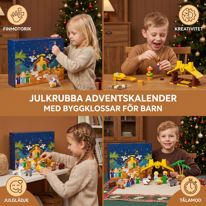 Julkrubba adventskalender med byggklossar för barn