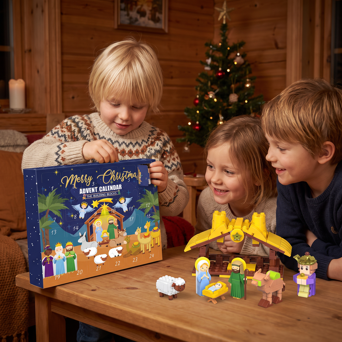 Julkrubba adventskalender med byggklossar för barn