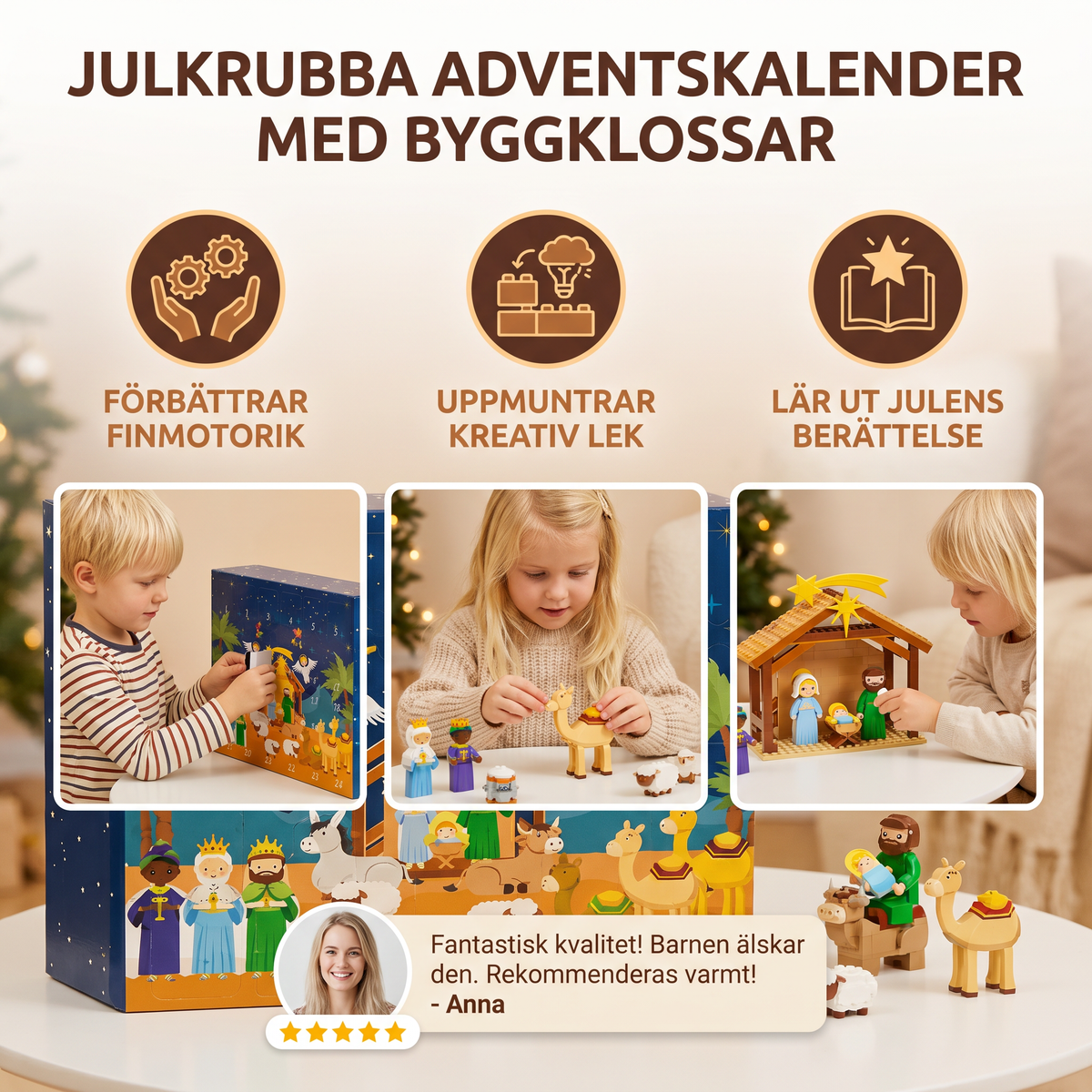 Julkrubba adventskalender med byggklossar för barn