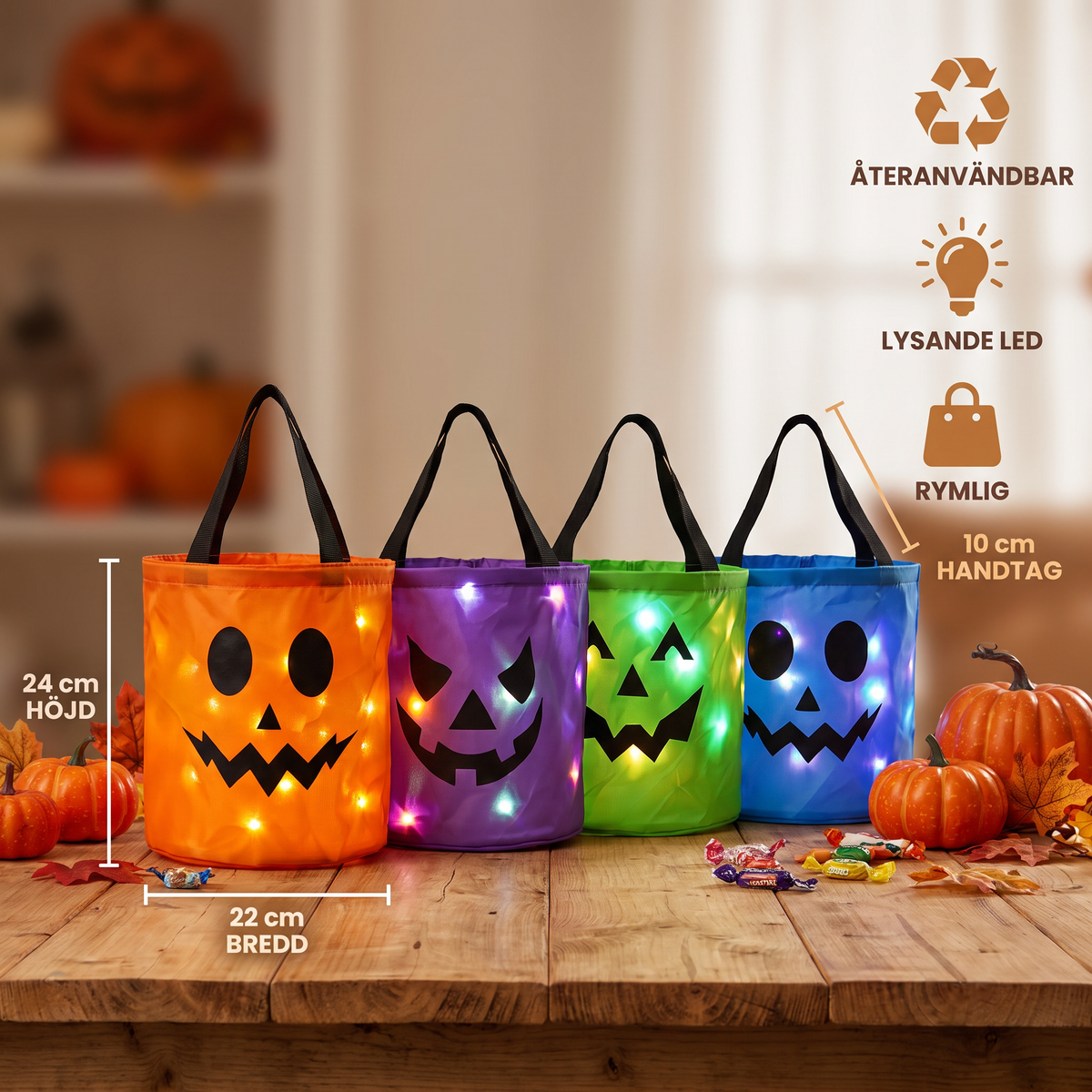 LED-halloweenkorg för godis – återanvändbar lysande väska för bus eller godis