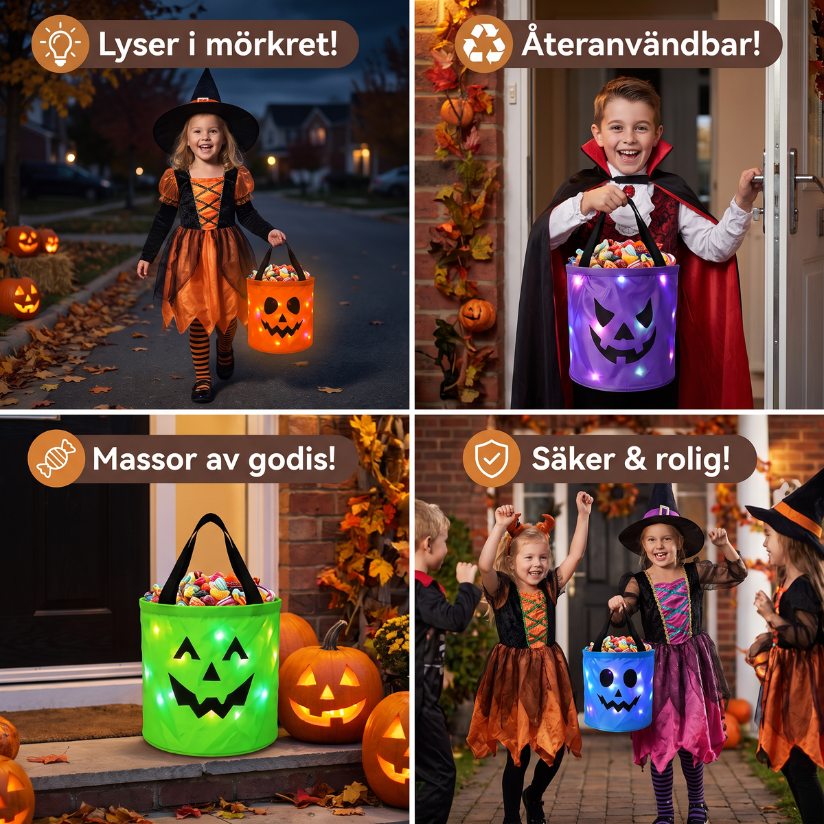 LED-halloweenkorg för godis – återanvändbar lysande väska för bus eller godis