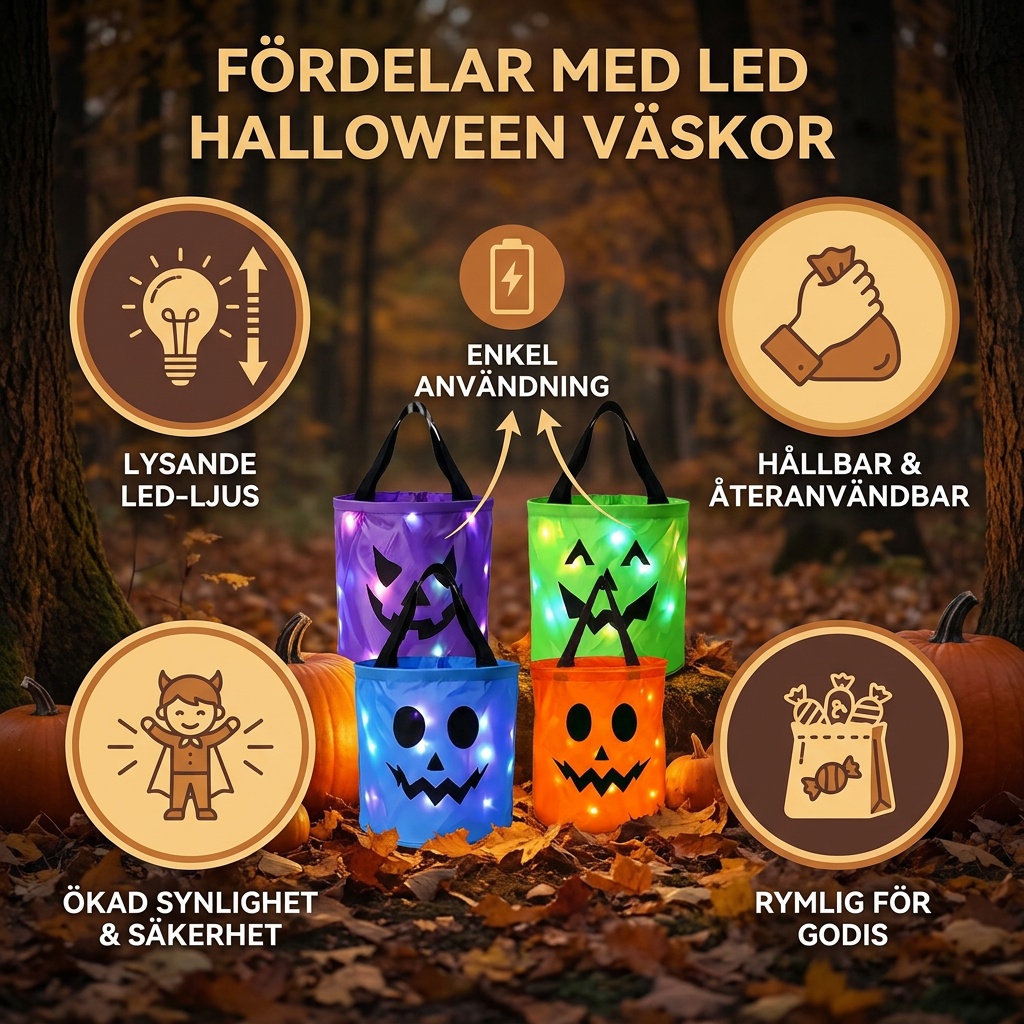 LED-halloweenkorg för godis – återanvändbar lysande väska för bus eller godis