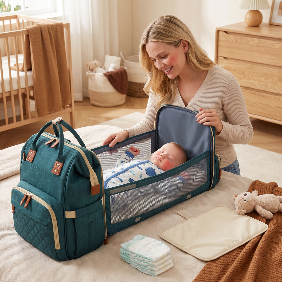 3-i-1 Resepåse för Blöjor med Fällbar Babysäng – Perfekt för Föräldrar på Farten