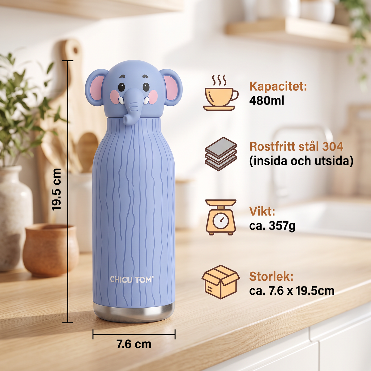 Söt Isolerad Dryckeskopp i Rostfritt Stål med Tecknat Djurmotiv och Sugrör – 480 ml