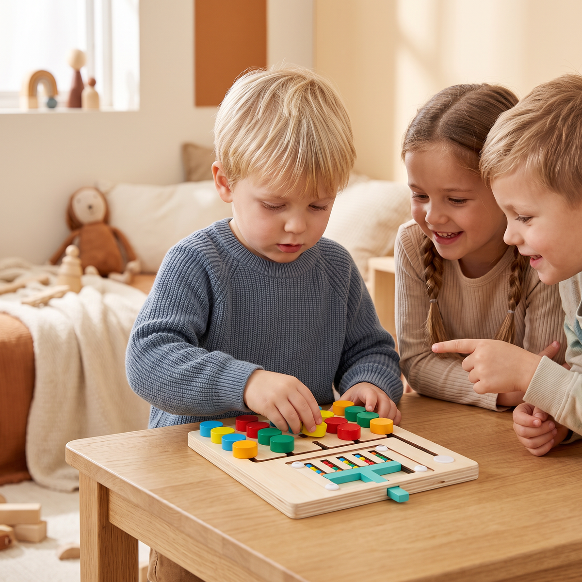 Fyrfärgs logiksorteringsspel i trä – Montessori lär- och tankespel för barn