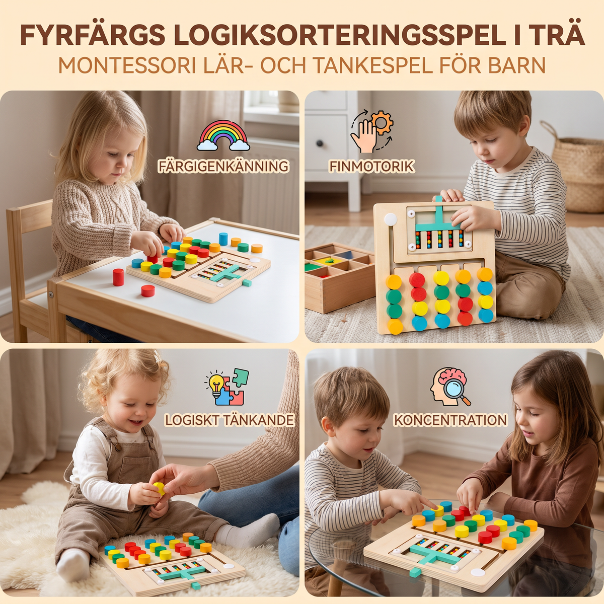 Fyrfärgs logiksorteringsspel i trä – Montessori lär- och tankespel för barn