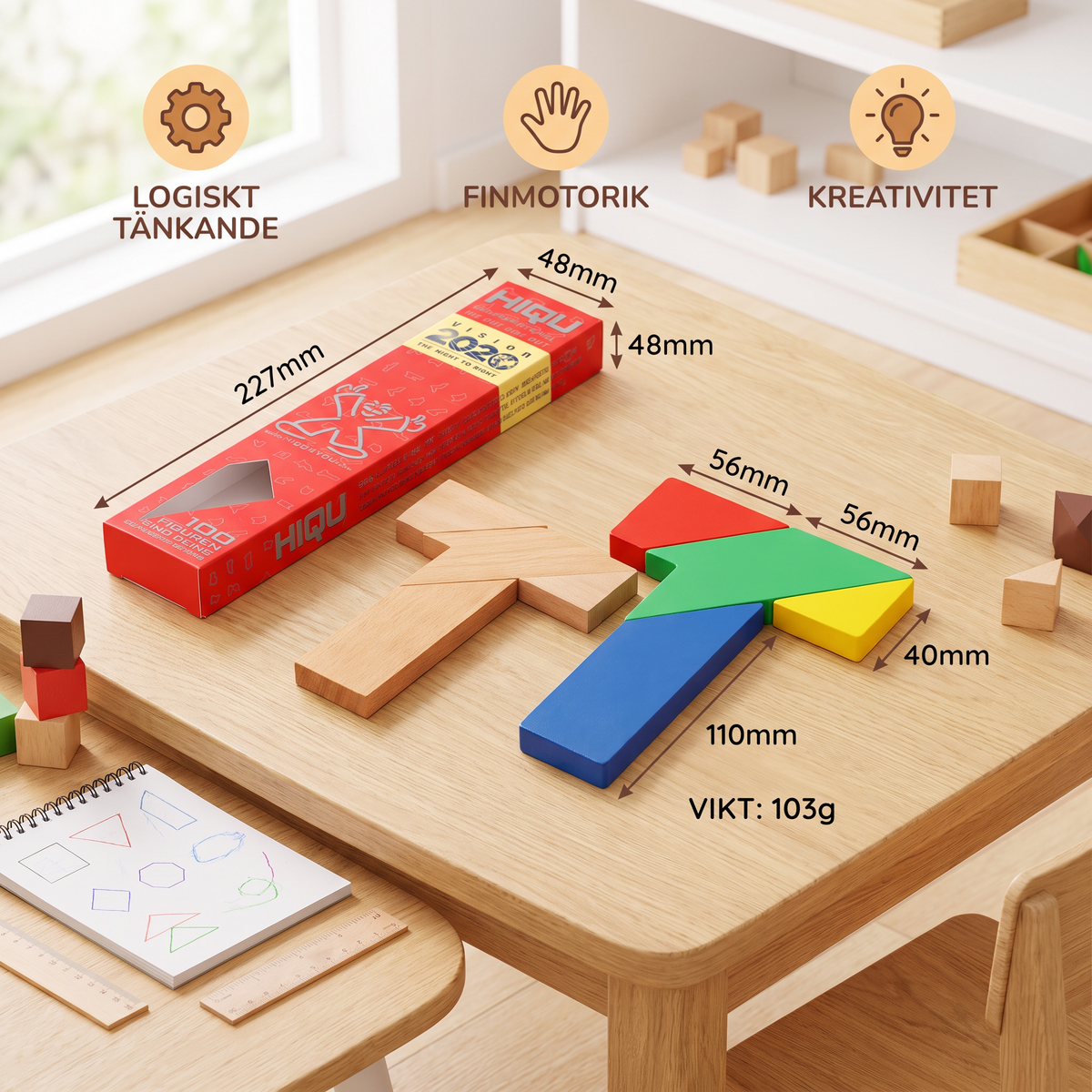 Trä-tangrampussel – Montessori geometriskt lärspel för barn