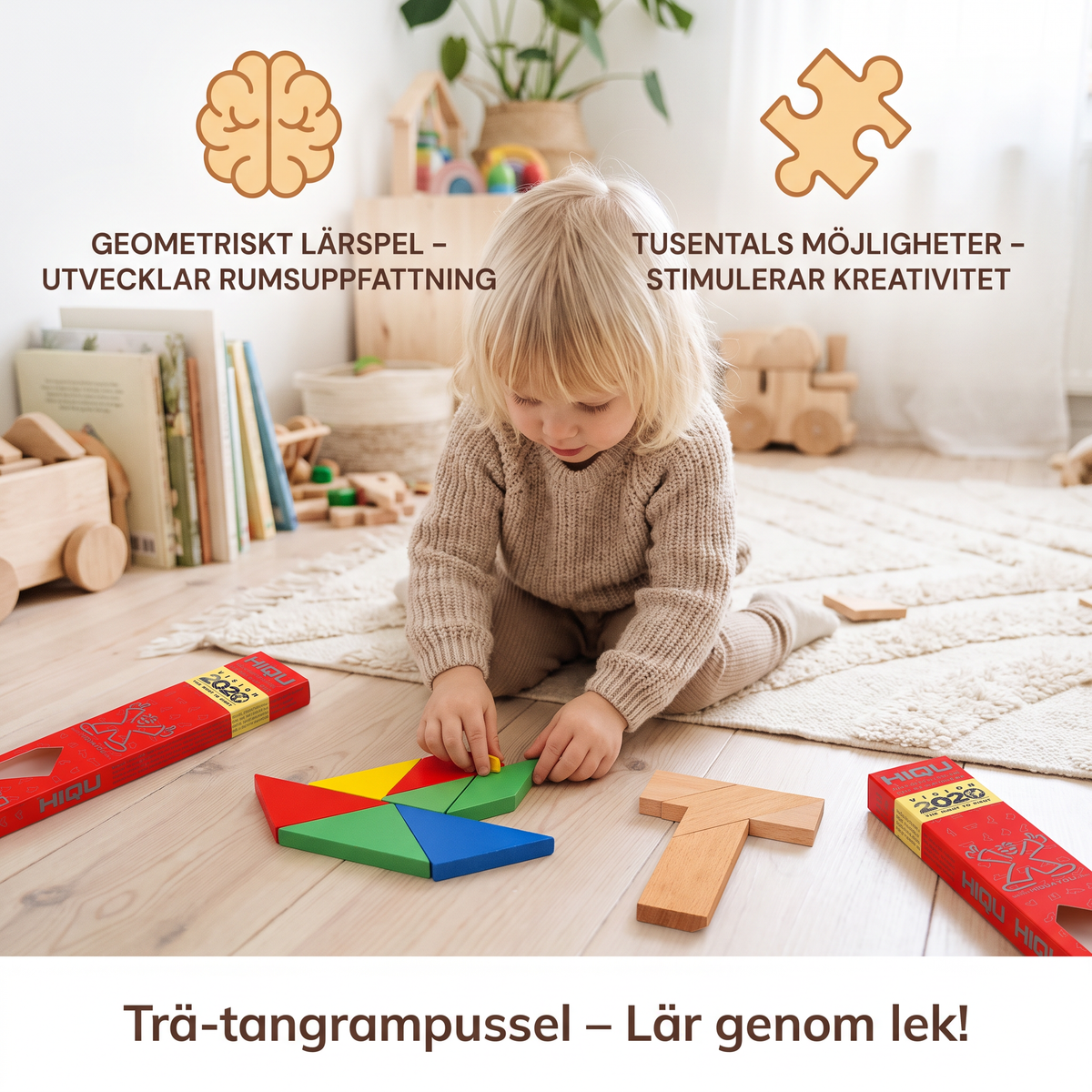 Trä-tangrampussel – Montessori geometriskt lärspel för barn