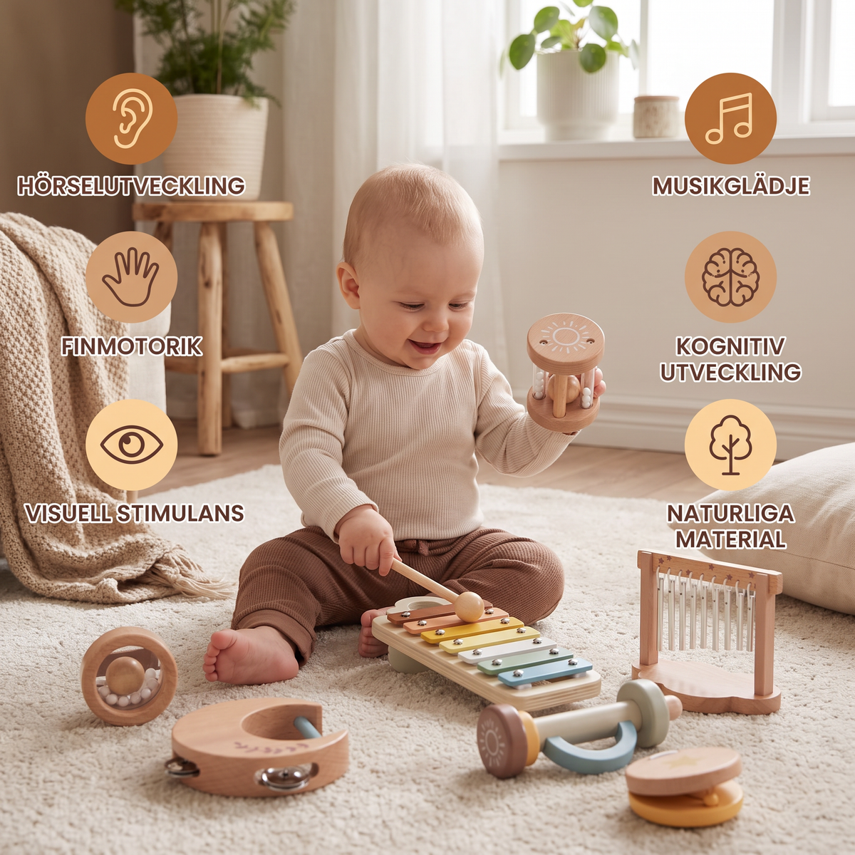 Baby trä-klangleksaksset – 6-delat sensoriskt musik- och klangleksakset