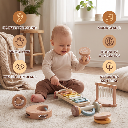 Baby trä-klangleksaksset – 6-delat sensoriskt musik- och klangleksakset