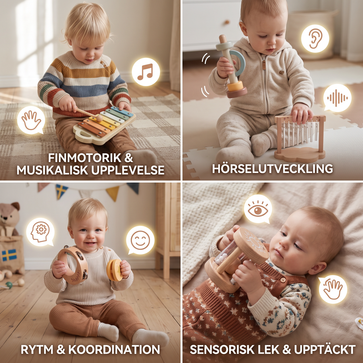 Baby trä-klangleksaksset – 6-delat sensoriskt musik- och klangleksakset