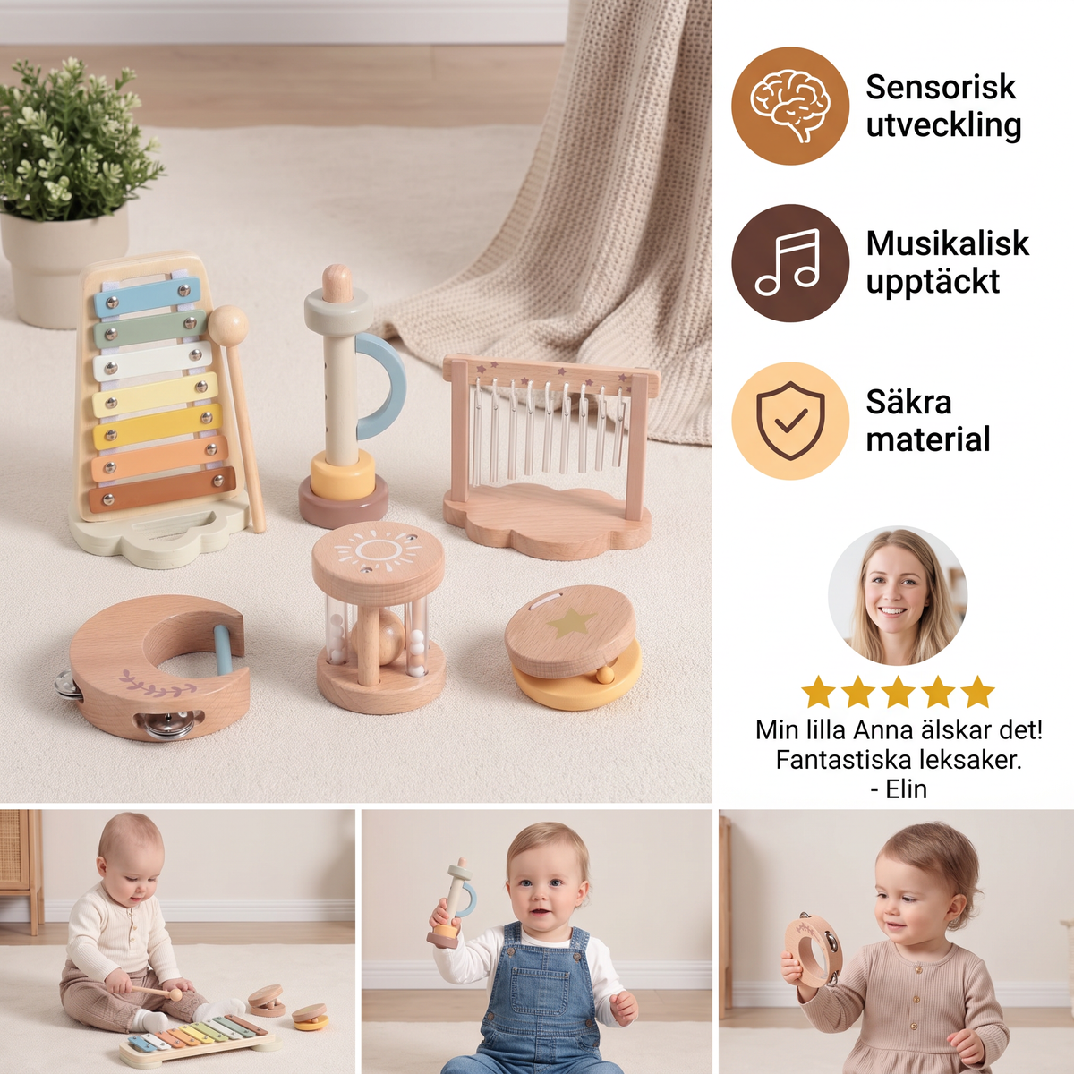 Baby trä-klangleksaksset – 6-delat sensoriskt musik- och klangleksakset