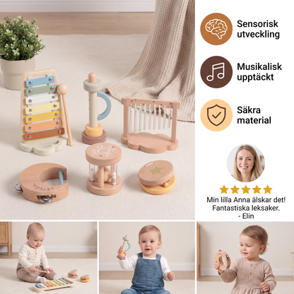 Baby trä-klangleksaksset – 6-delat sensoriskt musik- och klangleksakset