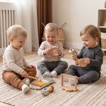 Baby trä-klangleksaksset – 6-delat sensoriskt musik- och klangleksakset