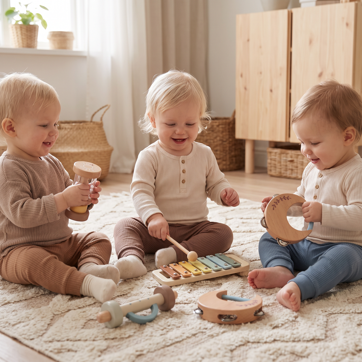 Baby trä-klangleksaksset – 6-delat sensoriskt musik- och klangleksakset