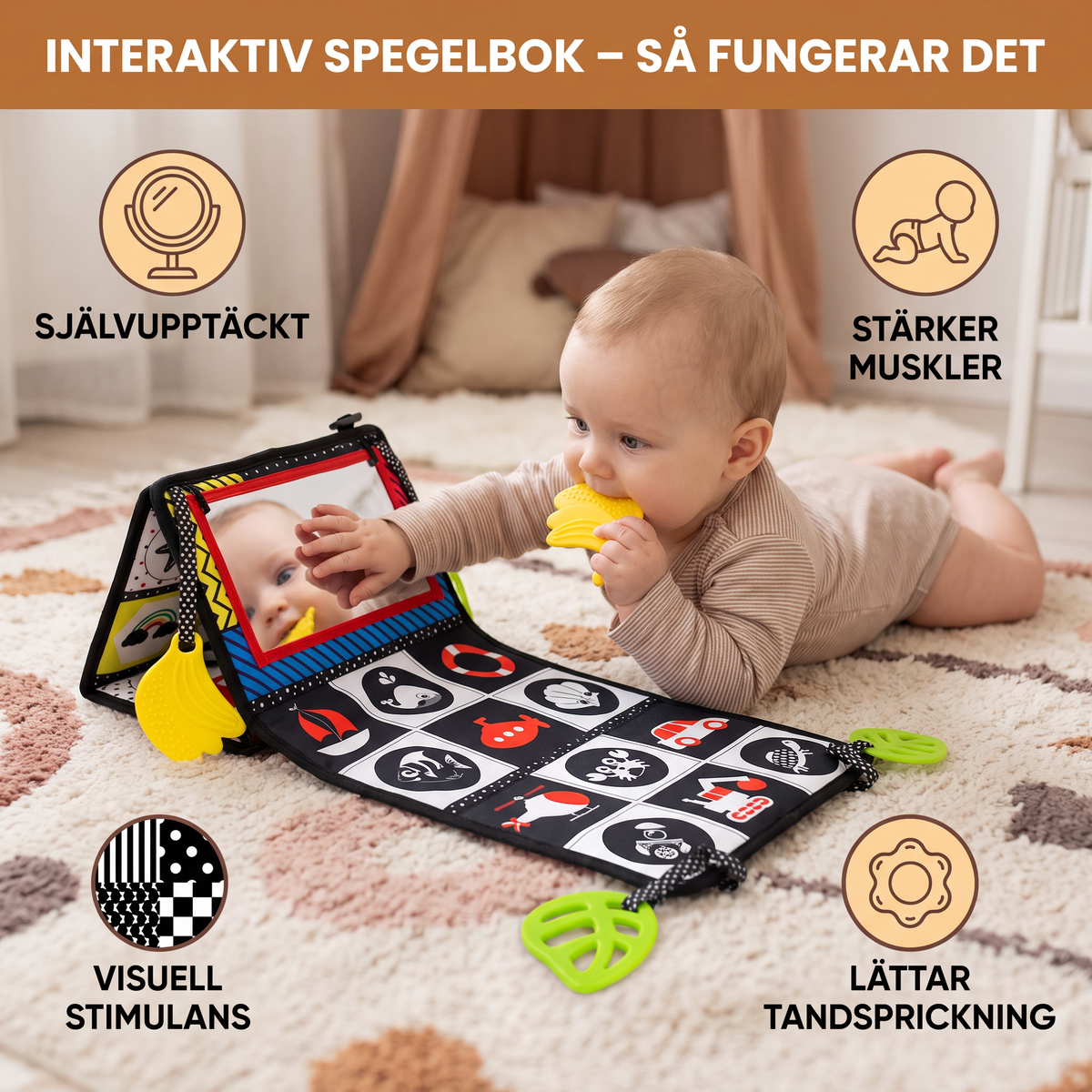 Interaktiv Spegelbok för Baby – Hopfällbar och Tvättbar Mjuk Tygleksak