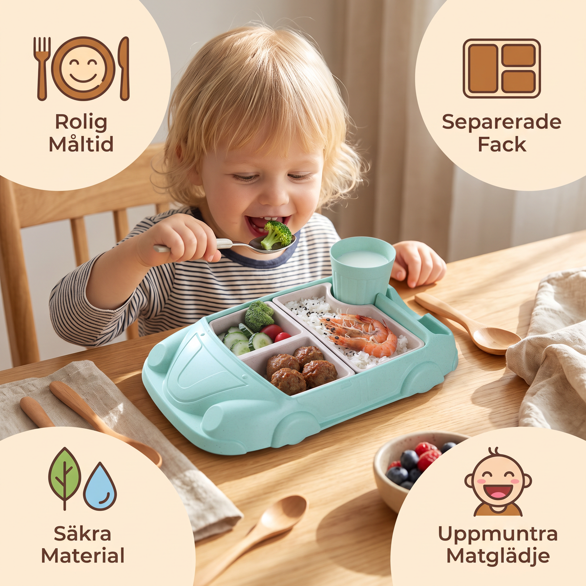 Barnens Bento Lunchbox i Bilform – Rolig Matbricka med Fack och Kopp