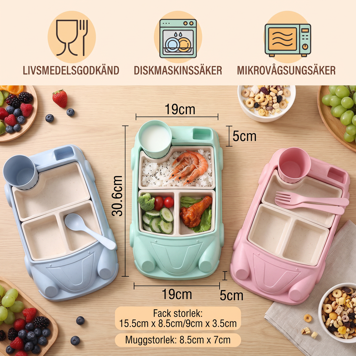 Barnens Bento Lunchbox i Bilform – Rolig Matbricka med Fack och Kopp