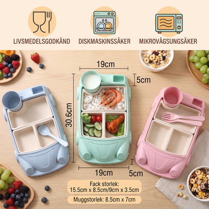 Barnens Bento Lunchbox i Bilform – Rolig Matbricka med Fack och Kopp