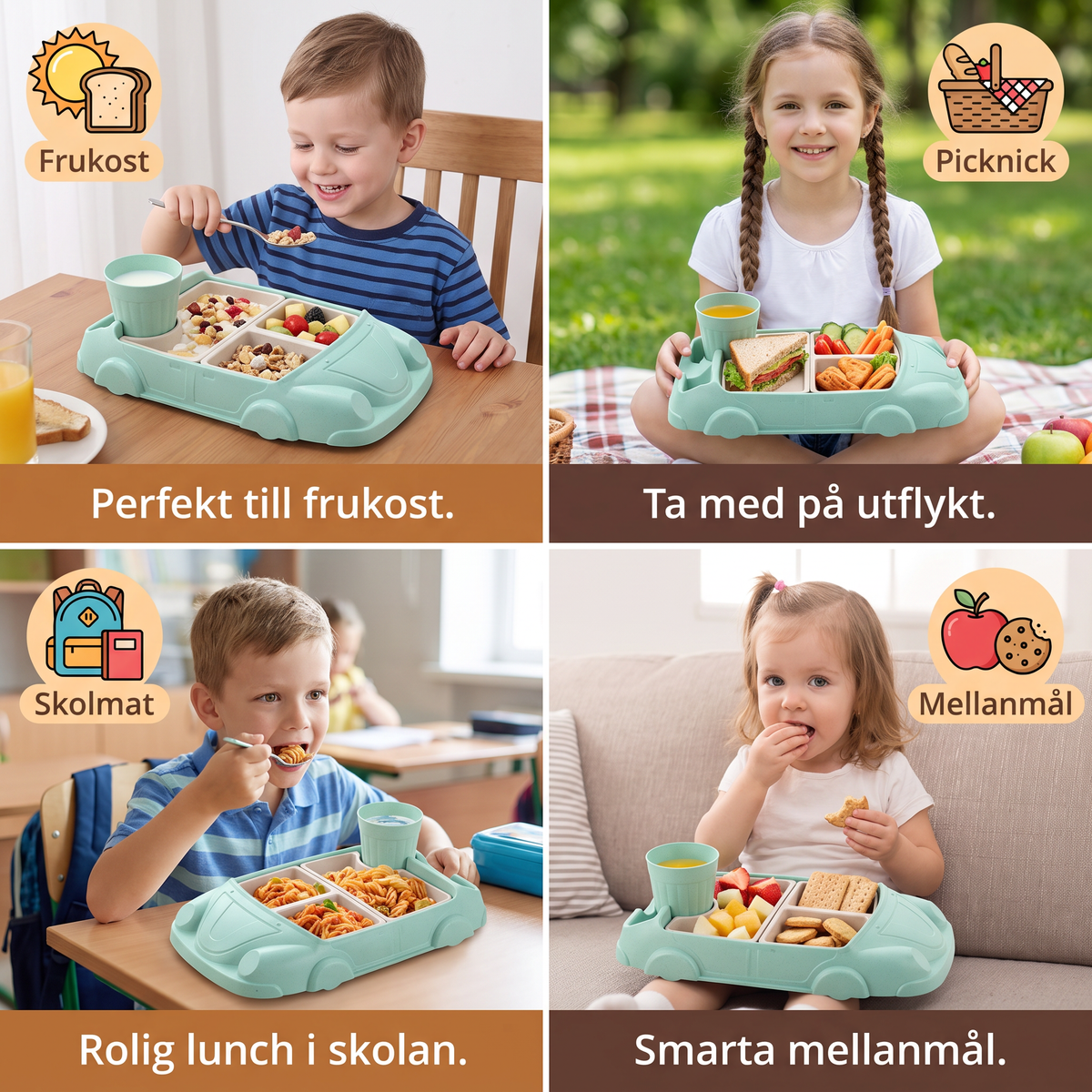 Barnens Bento Lunchbox i Bilform – Rolig Matbricka med Fack och Kopp