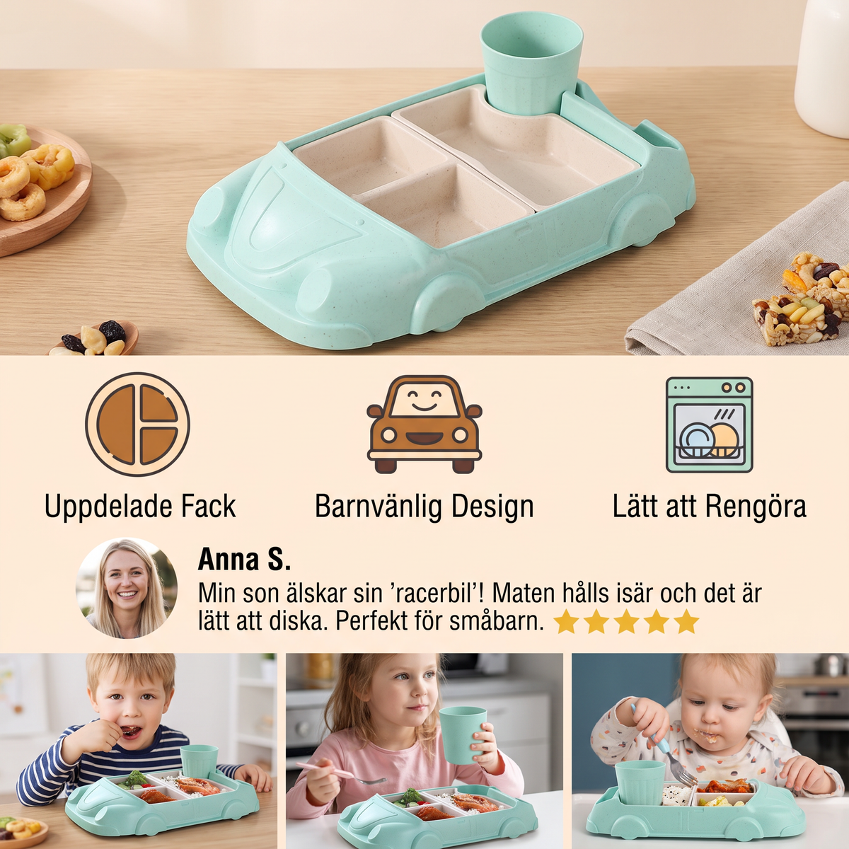 Barnens Bento Lunchbox i Bilform – Rolig Matbricka med Fack och Kopp