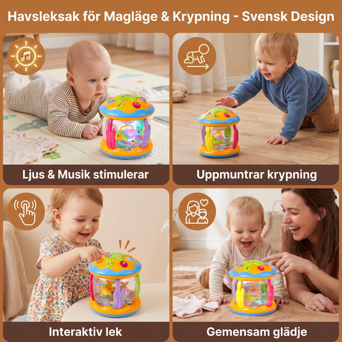 Havsleksak med Ljus och Musik för Bebisar – Roterande Sensorikleksak för Krypning och Magläge