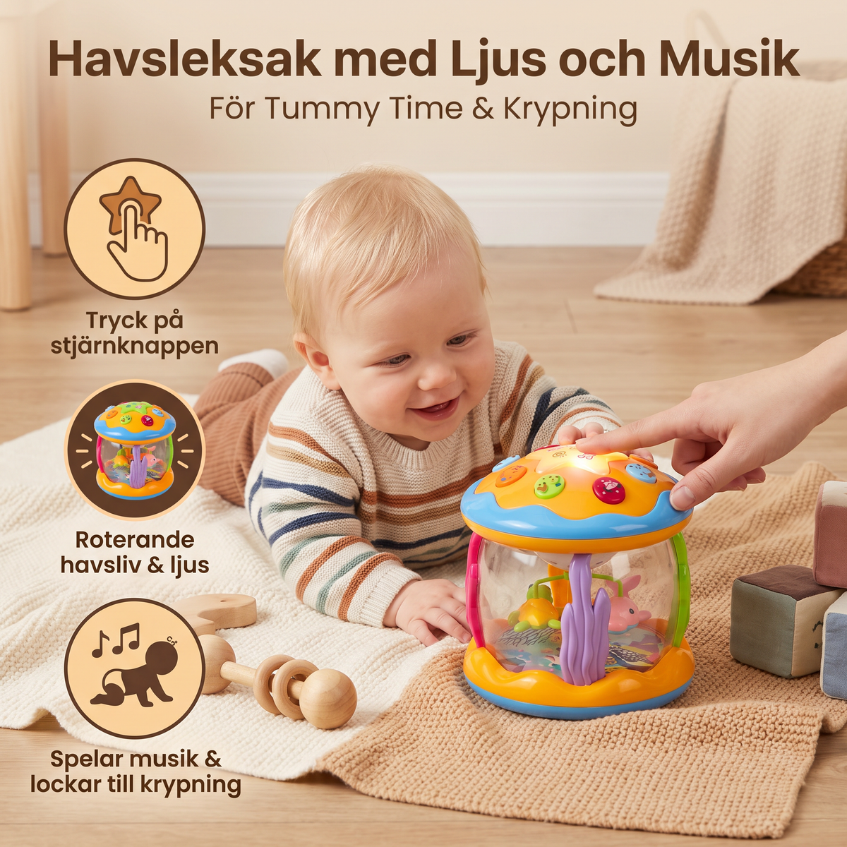 Havsleksak med Ljus och Musik för Bebisar – Roterande Sensorikleksak för Krypning och Magläge