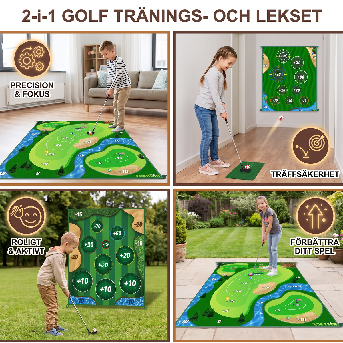 2i1 Golf Tränings- och Lekset – Inomhus- och Utomhus Svingmatta med Målvägg och Klubb