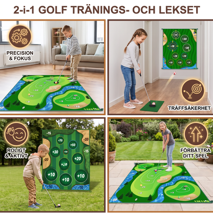 2i1 Golf Tränings- och Lekset – Inomhus- och Utomhus Svingmatta med Målvägg och Klubb