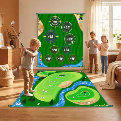 2i1 Golf Tränings- och Lekset – Inomhus- och Utomhus Svingmatta med Målvägg och Klubb