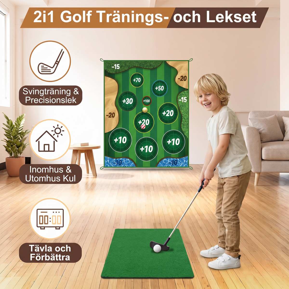 2i1 Golf Tränings- och Lekset – Inomhus- och Utomhus Svingmatta med Målvägg och Klubb