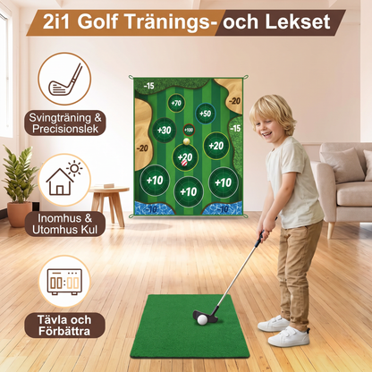 2i1 Golf Tränings- och Lekset – Inomhus- och Utomhus Svingmatta med Målvägg och Klubb