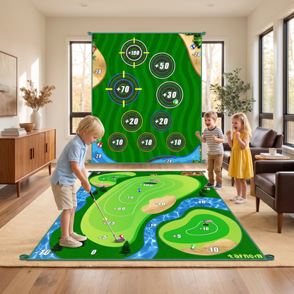 2i1 Golf Tränings- och Lekset – Inomhus- och Utomhus Svingmatta med Målvägg och Klubb