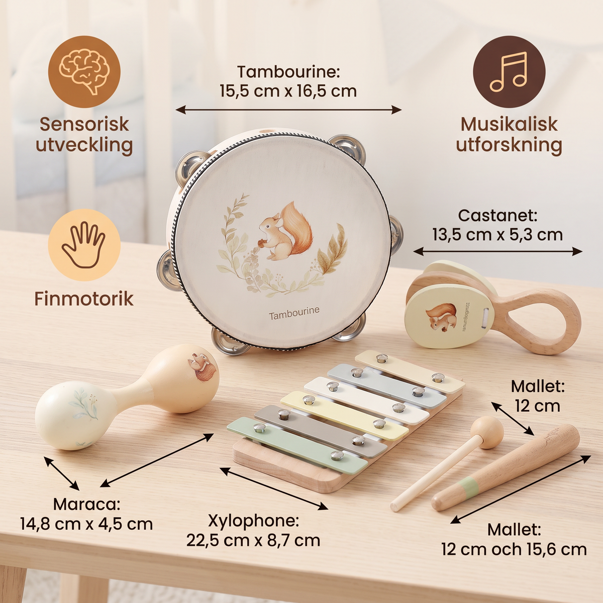 Montessori Trä-Musikinstrument Set för Bebisar – Sensorisk och Musikaliskt Lärande Lek