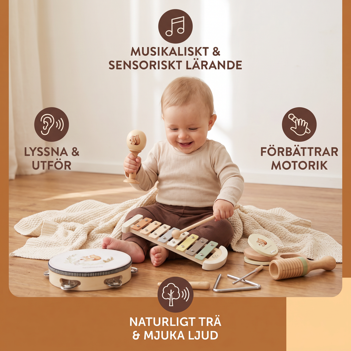 Montessori Trä-Musikinstrument Set för Bebisar – Sensorisk och Musikaliskt Lärande Lek