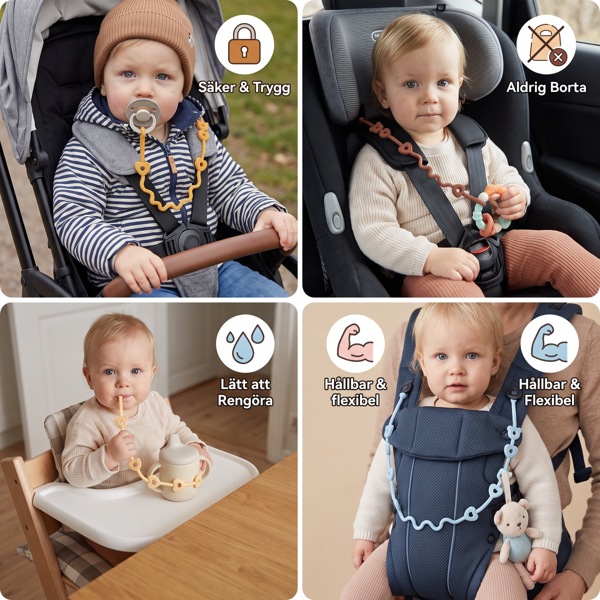 Silikon Babyklämma med Anti-Förlust Skydd – för Smockor & Leksaker (5 Stycken)