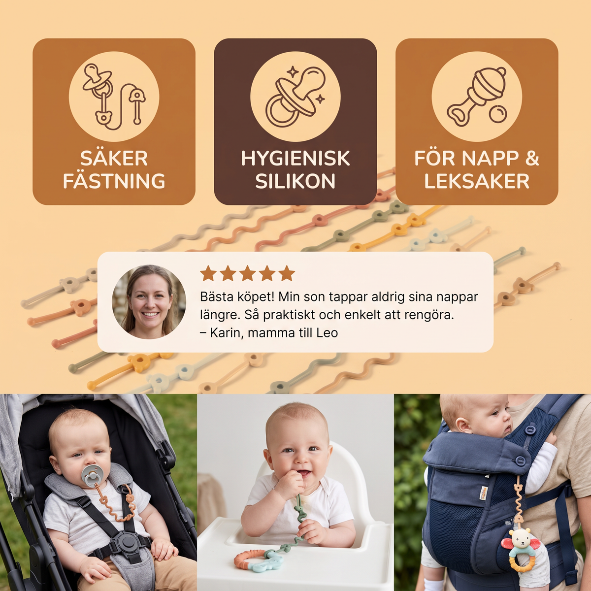 Silikon Babyklämma med Anti-Förlust Skydd – för Smockor & Leksaker (5 Stycken)