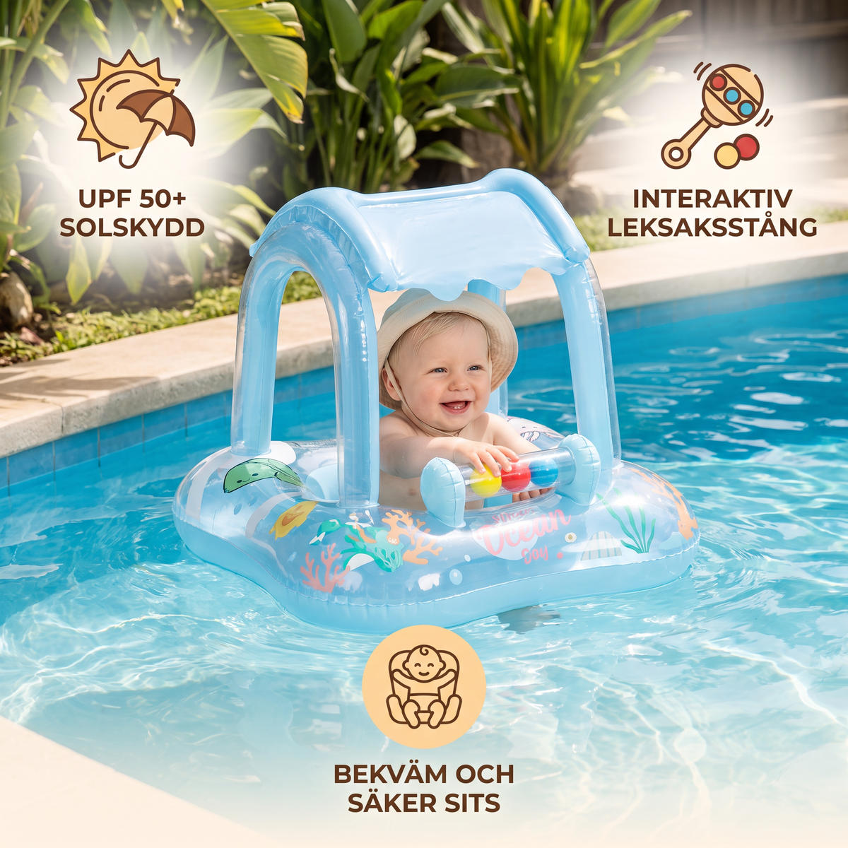 Inbjudande Baby Pool Float med Tak och Oceanprint