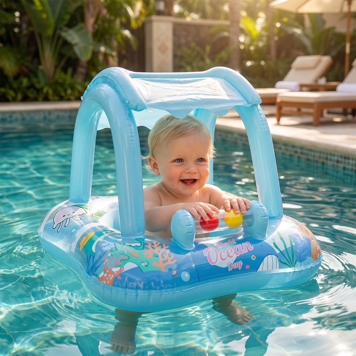 Inbjudande Baby Pool Float med Tak och Oceanprint