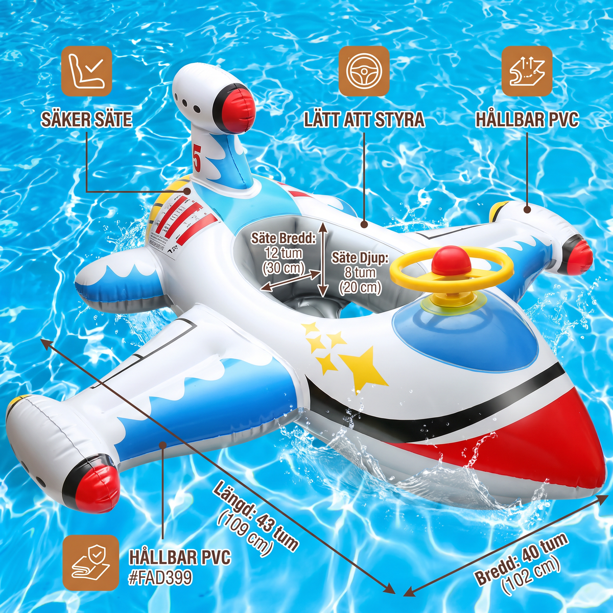 Inflatable Jet Fighter Pool Float med Säte & Styrhjul