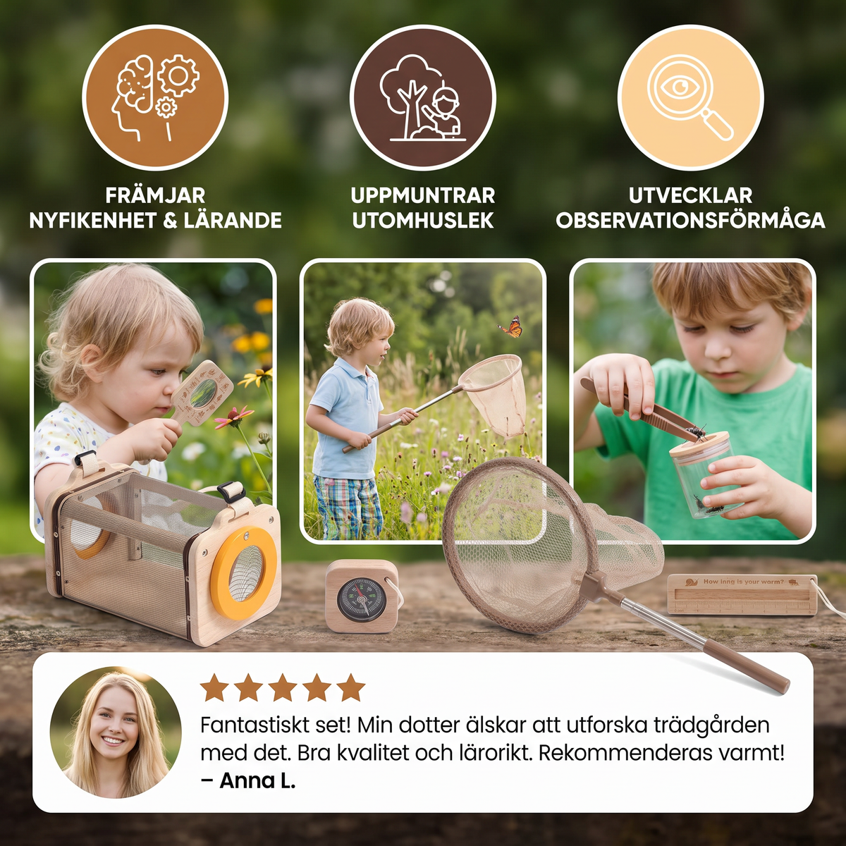 Barnens Naturutforskarset med Insektssamlarnät, Förstoringsglas och Kompass