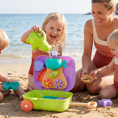 Barnens Strandleksaksväska med Sandverktyg och Timglas