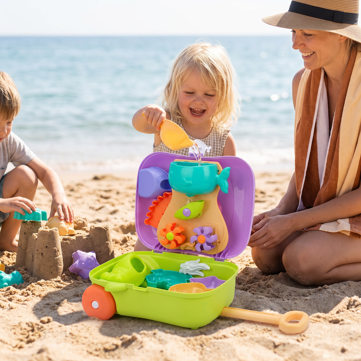 Barnens Strandleksaksväska med Sandverktyg och Timglas