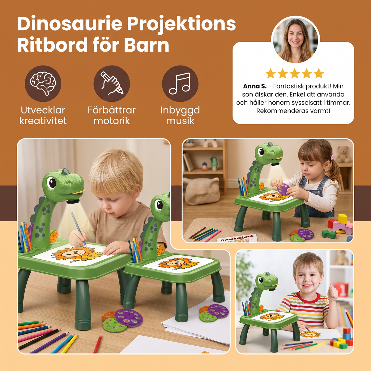 Dinosaurie Projektions Ritbord för Barn med Pennor och Musik