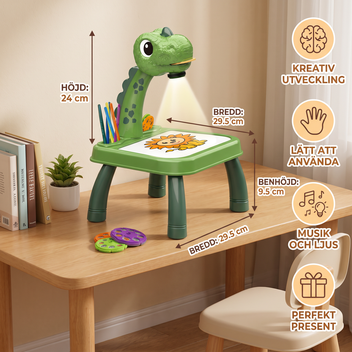 Dinosaurie Projektions Ritbord för Barn med Pennor och Musik