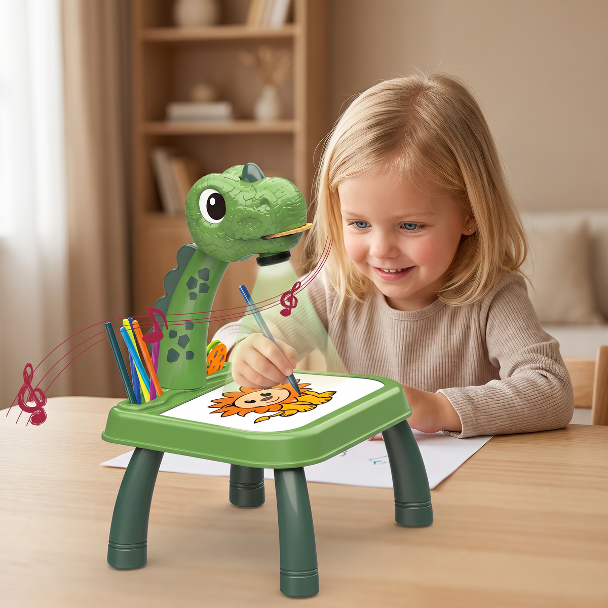 Dinosaurie Projektions Ritbord för Barn med Pennor och Musik