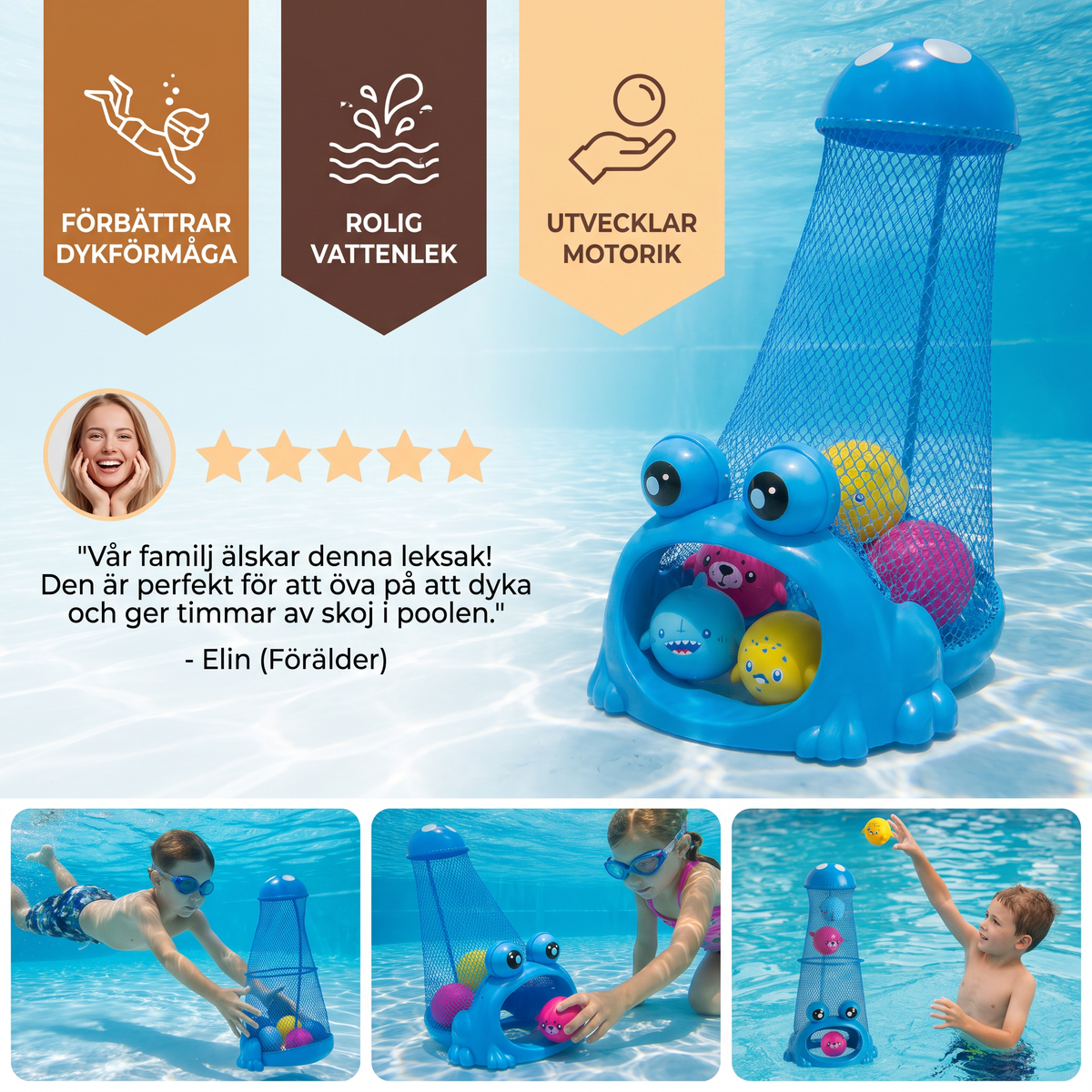 Frosch Dyk Pool Leksak med Fångstnät och Havsdjursbollar