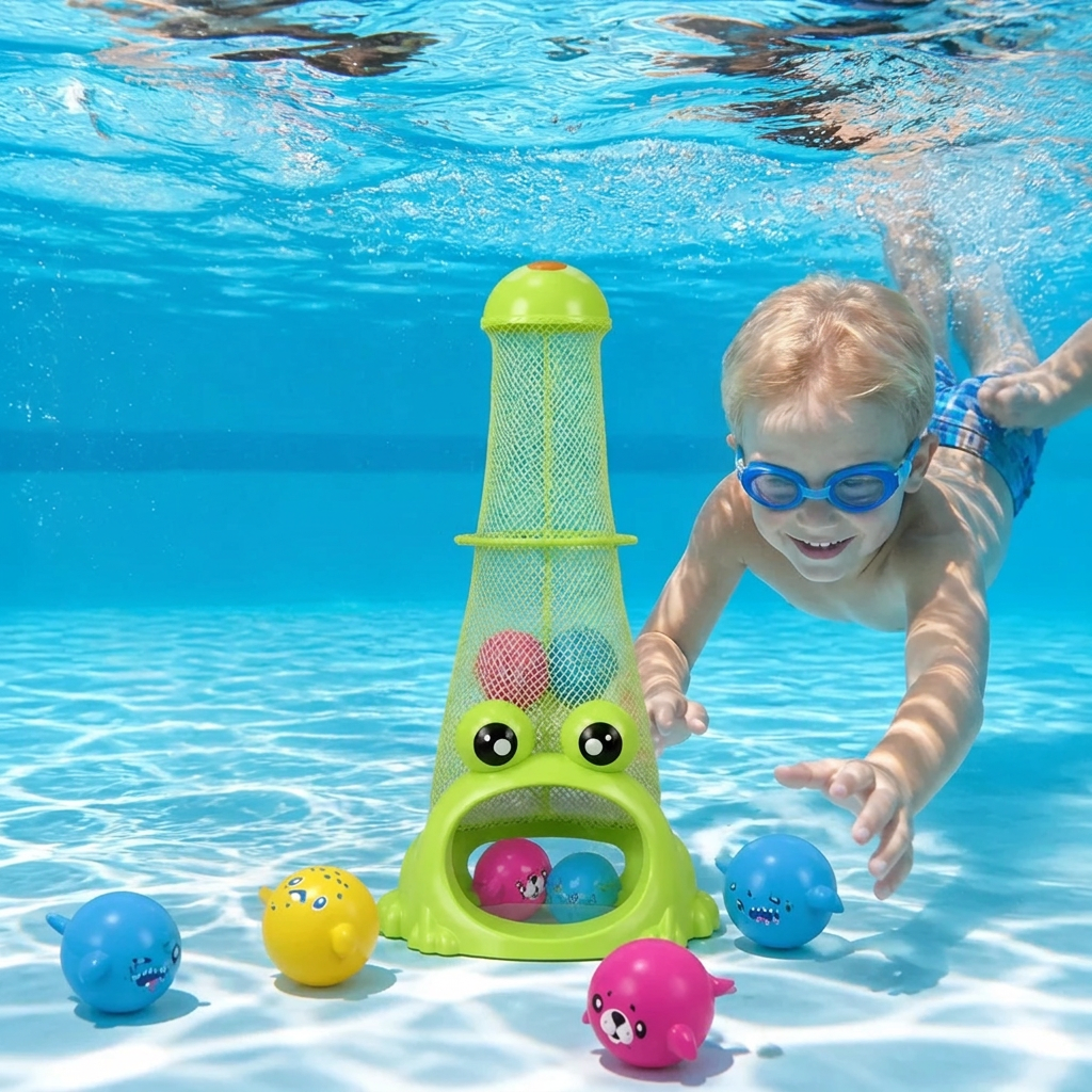Frosch Dyk Pool Leksak med Fångstnät och Havsdjursbollar
