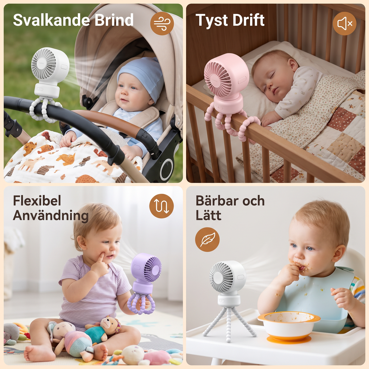 Bärbar minifläkt med klämfäste för barnvagn, spjälsäng och vardagsbruk