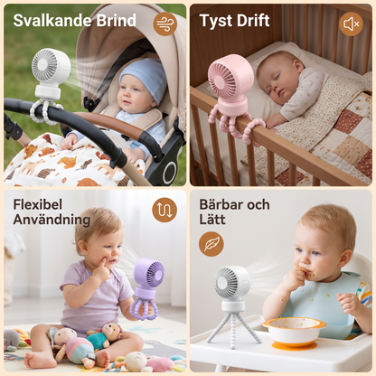 Bärbar minifläkt med klämfäste för barnvagn, spjälsäng och vardagsbruk